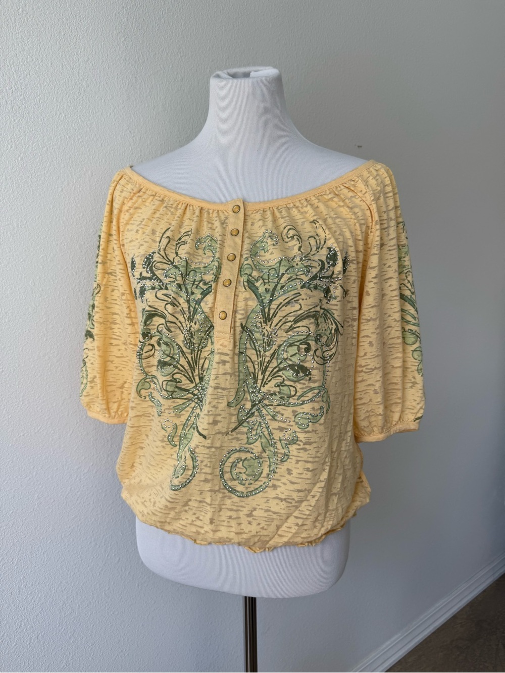 Yellow Scoop Neck Sheer Patterned Blouse Top